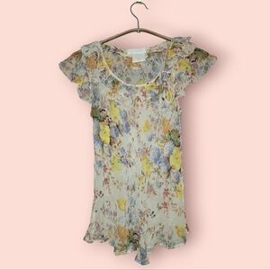 Nicole Farhi 100% Silk Floral Ruffle Tie-Neck Blouse Top Chiffon Cap Sleeve 4